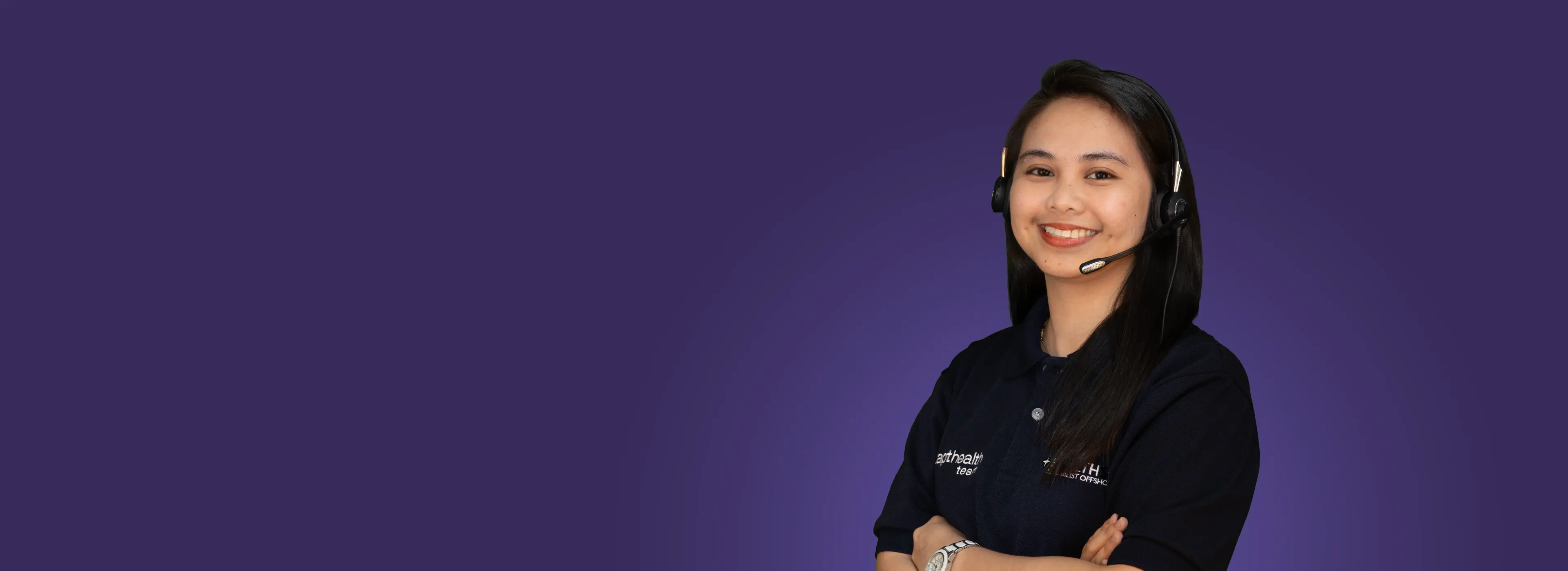 Healthscope team member wearing a headset against a purple background